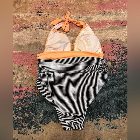 Elegant Halter One Piece Swimsuit in Peach and Black Stripes - Picture 2 of 3